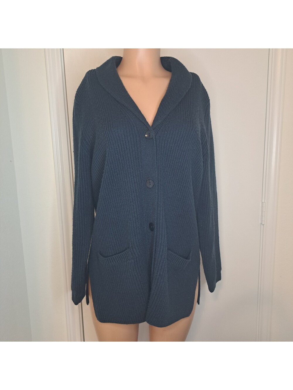 Vintage Blair Knit Cardigan Grannycore Long Dark Blue Size L Shoulderpads Button